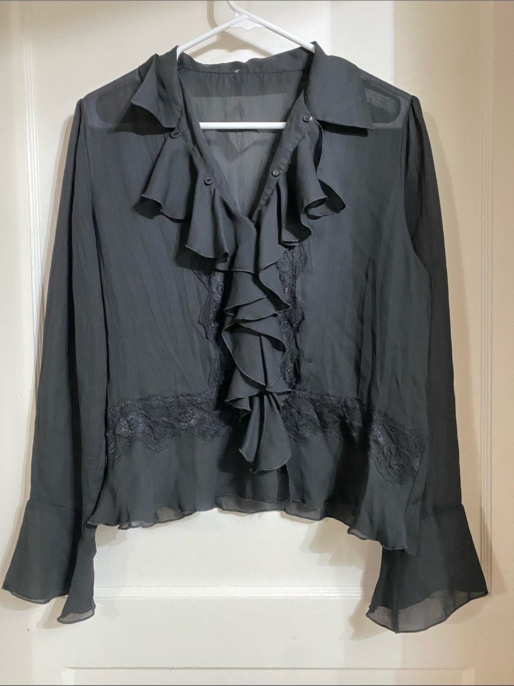 American Rag Black Ruffle Lace-Trim Blouse